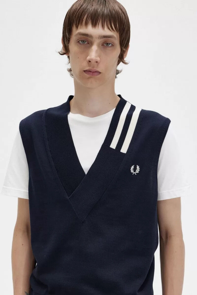 fred perry tanktop mit v-ausschnitt und zierstreifen herren marineblau