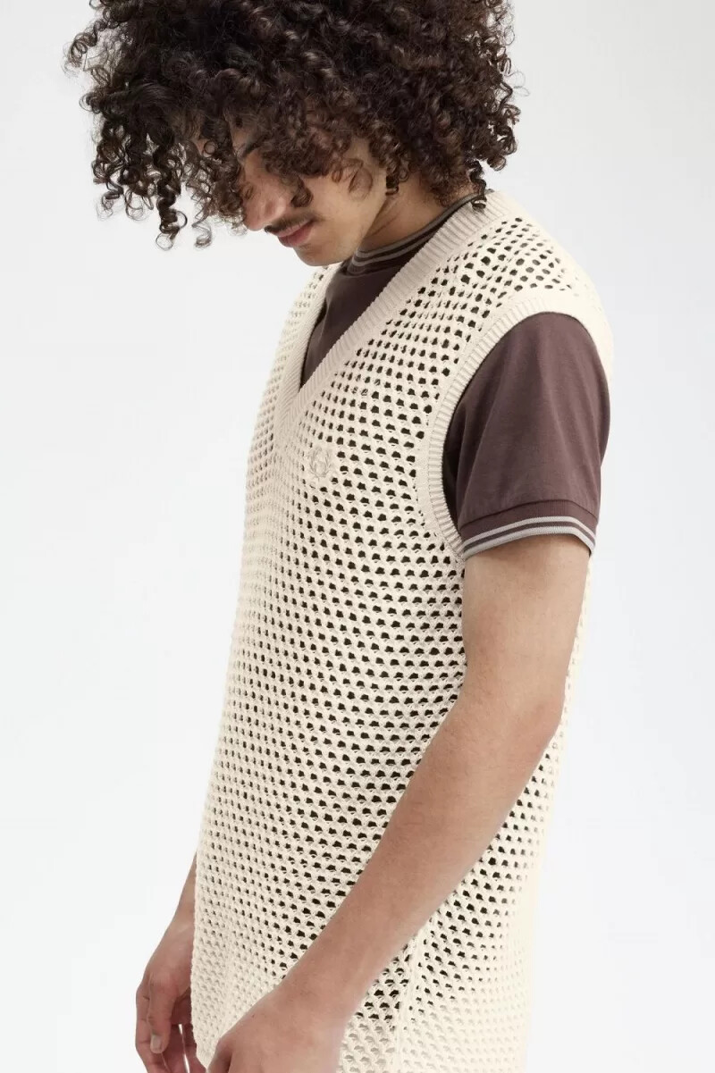 fred perry herren-tanktop aus spitzenstrick beige