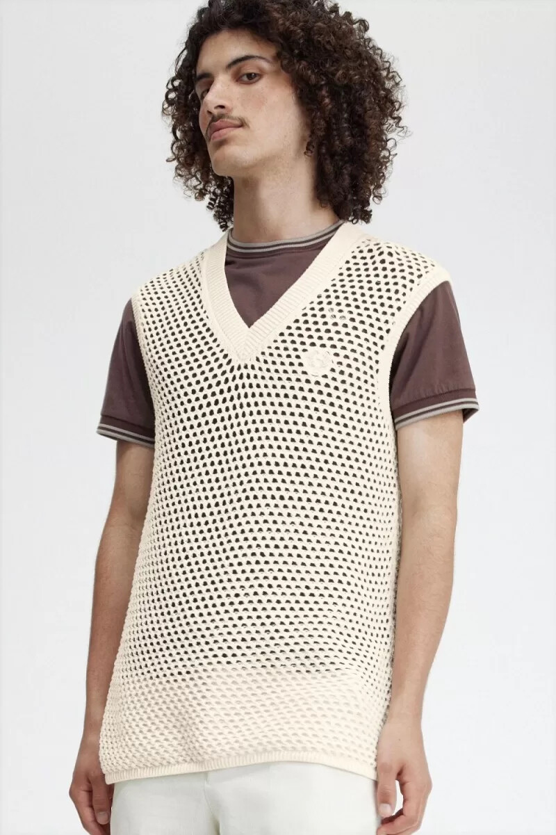fred perry herren-tanktop aus spitzenstrick beige